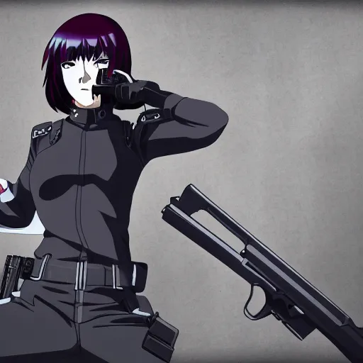 Image similar to Anime Major motoko kusanagi in all black uniform wielding a rifle, digital art