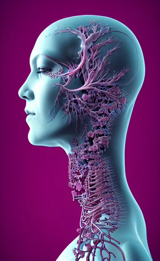 Image similar to 3D render of a beautiful profile face portrait of a female cyborg, 150 mm, flowers, Mandelbrot fractal, anatomical, flesh, facial muscles, wires, microchip, veins, arteries, full frame, microscopic, elegant, highly detailed, flesh ornate, elegant, high fashion, rim light, octane render in the style of H.R. Giger