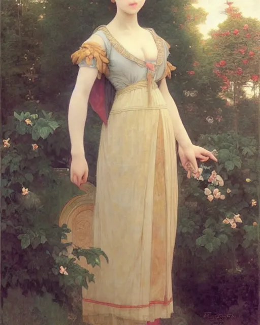 Image similar to beautiful anime style girl, she is standing in the middle of a palace, realistic painting, by Edgar Maxence and William-Adolphe Bouguereau