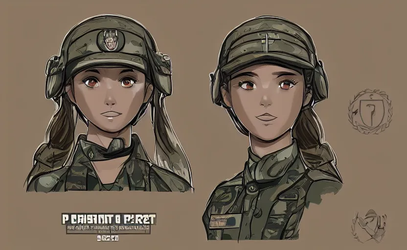 Image similar to T-shirt design, portrait of soldier girl, 2022 anime style, clean logo, graphic templates, flight squadron insignia, vintage saturation, soldier clothing, realistic military gear, inspired by shirt designer, made in blender, round background, vector line art, by oda, trending on pixiv, symbology, realistic human anatomy, high resolution, matte, empty hands, realistic military carrier