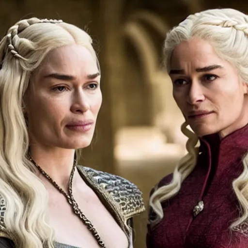 Image similar to an image of cersei lannister and daenerys targaryen talking suspiciously in kings landing