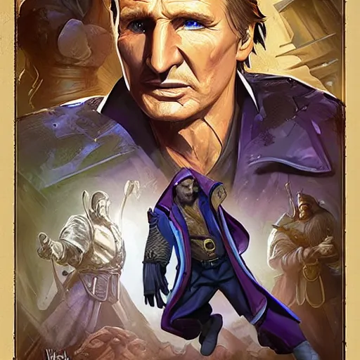 Image similar to Liam Neeson as Burl Gage, Antimage, casting Eldritch Bolt, iconic Character illustration by Wayne Reynolds for Paizo Pathfinder RPG