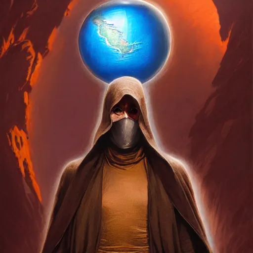 Image similar to masked nomad male wearing a cloak and holding a holographic planet projection in his hand, detailed, sci - fi, digital painting, artstation, sharp focus, illustration, ominous, artgerm, tomasz alen kopera, peter mohrbacher, donato giancola, joseph christian leyendecker, wlop, frank frazetta