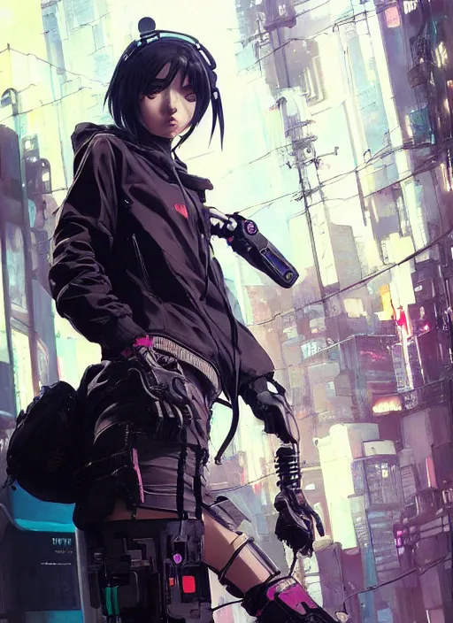 Image similar to cyberpunk anime girl in hoodie, grafity, neonpunk, alita, arcane, fortiche, action, tokyo street, detail, good face, pose model, concept art, in style of yoji shinkawa, pan ren wei, col price, atey ghailan, by greg rutkowski, aesthetic