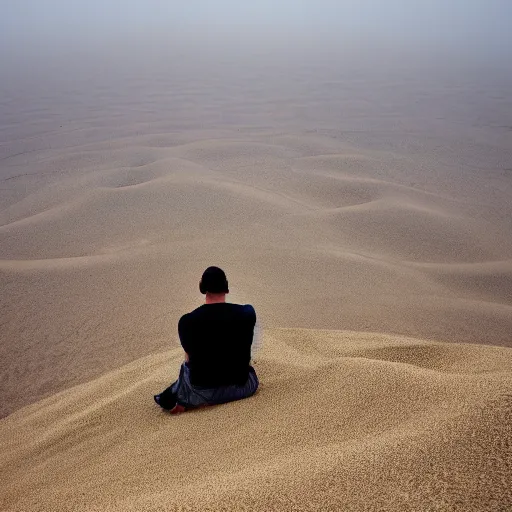 Image similar to man sitting on top peak mountain looking at huge vast sandstorm dust tornado desert