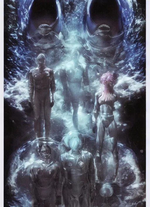 Image similar to astronauts in dark and empty void underwater - complex and hyperdetailed technical suit. reflection and dispersion materials. rays and dispersion of light. volumetric light. 5 0 mm, f / 3 2. noise film photo. flash photography. ultra realistic, wide angle. poster by wayne barlowe, hajime sorayama aaron horkey, craig mullins. polaroid.