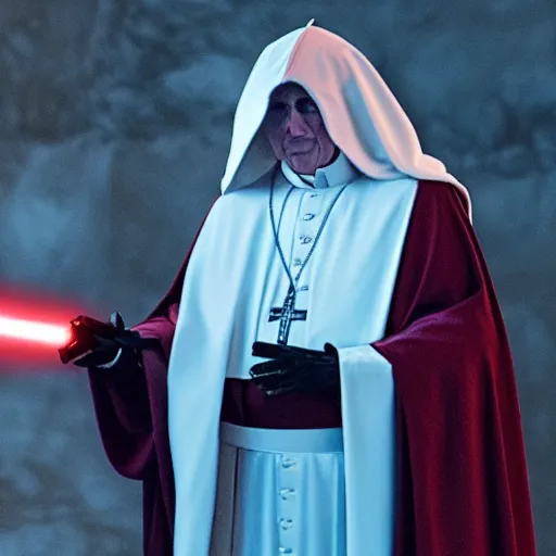 Image similar to pope benedict wearing sith cloak as chancelor palpatine in star wars episode 3, 8 k resolution, cinematic lighting, anatomically correct