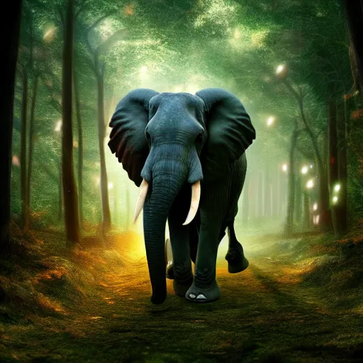 Prompt: magical elephant in a forest, realistic cinematic, volumetric lighting, centered, symmetrical, sharp focus, digital painting, mystical art, smooth, trending on Artstation, 4k