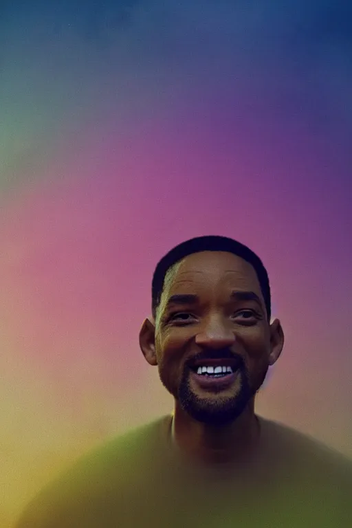 Image similar to high quality pastel coloured film close up wide angle photograph of will smith wearing clothing resting on cloud furniture in a icelandic black rock!! environment in a partially haze filled dreamstate world. three point light, rainbow. photographic production. art directed. pastel colours. volumetric clouds. pastel gradient overlay. waves glitch artefacts. extreme facial clarity. 8 k. filmic.