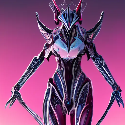 Image similar to ant pov from the floor, looking up, at a highly detailed, exquisite and beautiful giant female warframe, standing elegantly, shining reflective off-white plated armor, slick elegant design, bright Fuchsia skin, sharp claws, close full body shot, epic cinematic shot, realistic, professional digital art, high end digital art, DeviantArt, artstation, Furaffinity, 8k HD render, epic lighting, depth of field