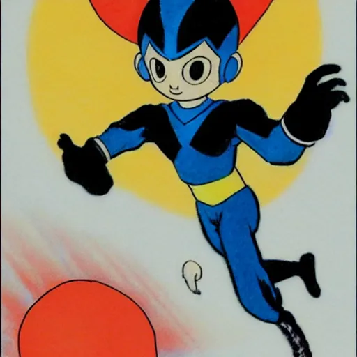 Image similar to astro boy flying, drawn by osamu tezuka, manga, water colored, pastel tones