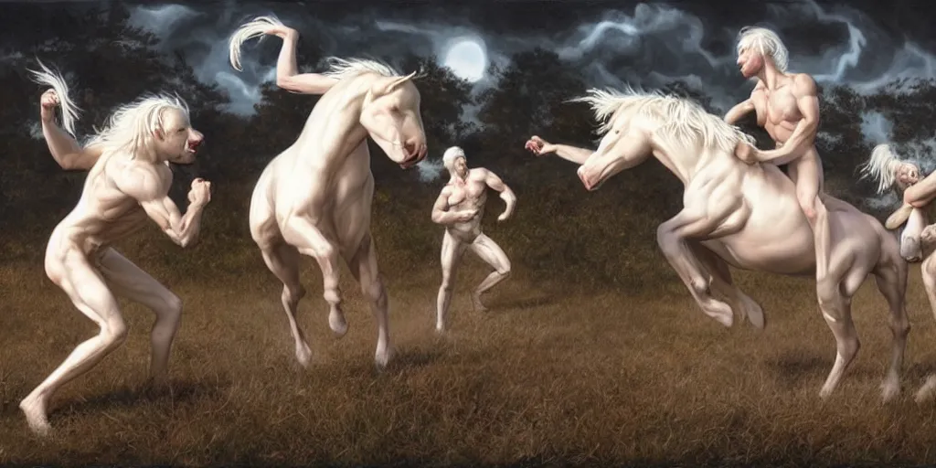 Prompt: albino centaurs fighting with black centaurs by gerald brom, hyper realistic,