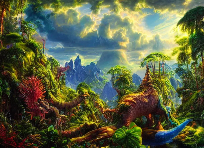 Image similar to photorealistic fantasy oil painting, great leviathan, magical unicorn, rainforest mountains, lush plants flowers, epic natural light, bright clouds, luminous sky, outer worlds, bright cinematic lighting, michael cheval, michael whelan, vray, 8 k hd