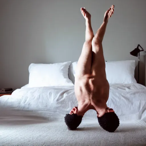 Image similar to a man in pijama doing a belly flop on a bed