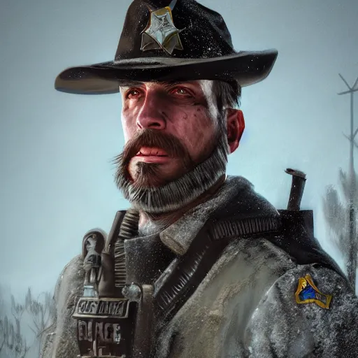 Prompt: A comic book style portrait painting of a sheriff in a a post apocalyptic winter landscape, unreal 5, DAZ, hyperrealistic, octane render, RPG portrait, ambient light, dynamic lighting