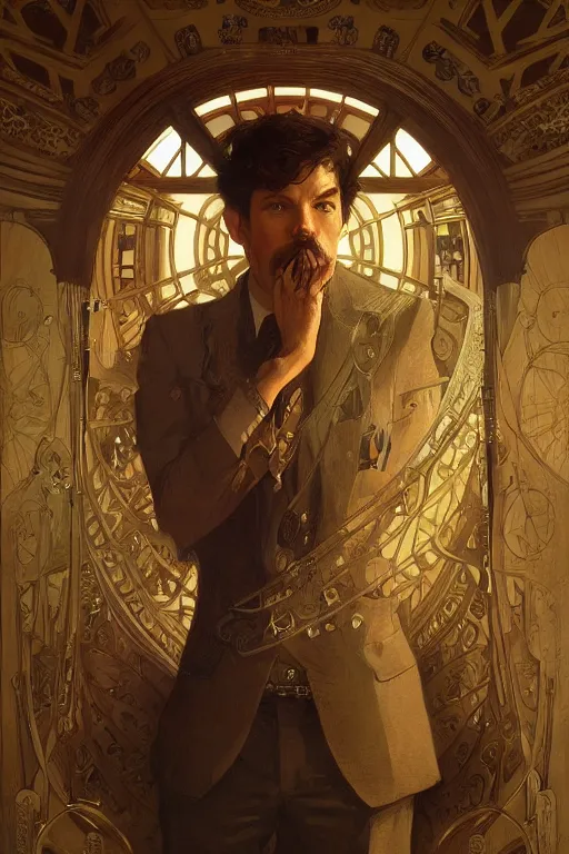Prompt: portrait of mr who, his time machine is in the background, m, intricate, elegant, highly detailed, digital painting, artstation, concept art, smooth, sharp, focus, illustration, art by artgerm and greg rutkowski and alphonse mucha