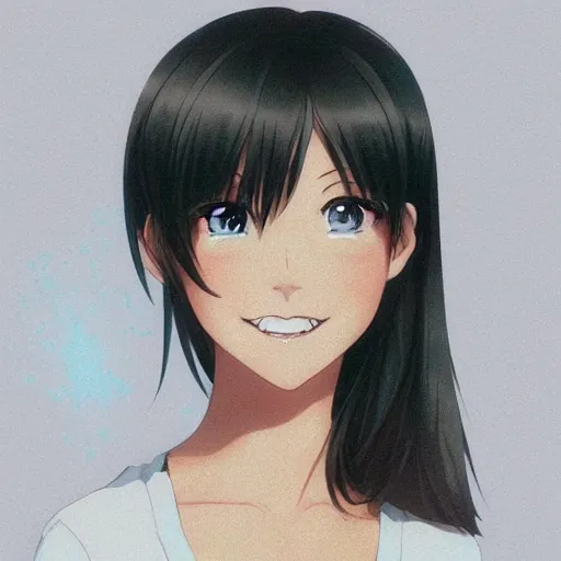 Prompt: A medium shot anime portrait of a happy brunette anime woman, a single short ponytail, parted hair, bare forehead, blue-eyed, blue eyes, big round nose closed lips, with large breasts, wearing a t-shirt, subtle gradient background, by Stanley Artgerm Lau, WLOP, Rossdraws, James Jean, Andrei Riabovitchev, Marc Simonetti, and Sakimi chan, trending on artstation