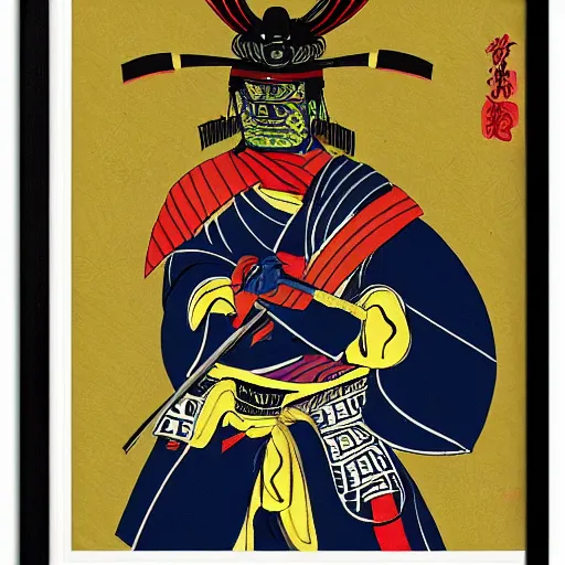 Image similar to highly stylized samurai holding a katana,striking colors