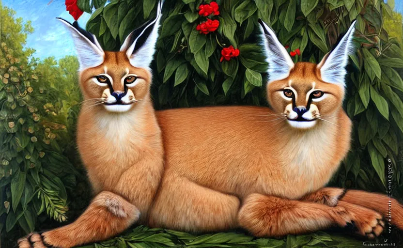 Prompt: fullbody portrait of cute fluffy caracal with laurel wreath on his head, chaplet on head, illustration, high detail, francine van hove