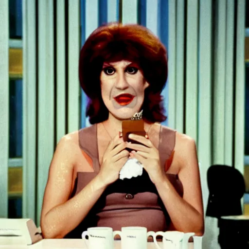 Image similar to 1983 crying woman on a tv talk show show with a long prosthetic snout nose, big nostrils, wearing a dress, 1983 French film color archival tv footage color Fellini Almodovar John Waters Russ Meyer movie still