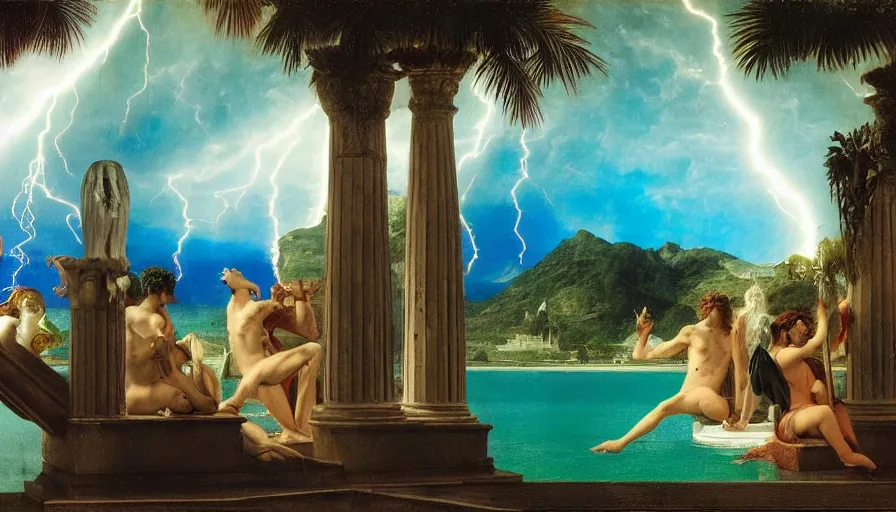 Image similar to Palace of the occult, mediterranean balustrade and columns, refracted sparkles, thunderstorm, greek pool, beach and Tropical vegetation on the background major arcana sky and occult symbols, by paul delaroche, hyperrealistic 4k uhd, award-winning, very detailed paradise