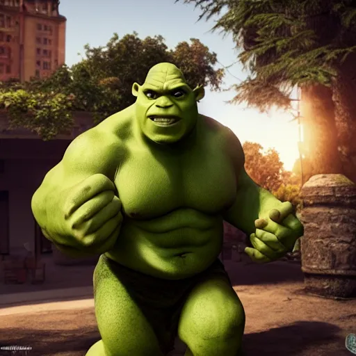 Prompt: hulk with shrek's body, realistic artstyle, wide shot, dramatic lighting, octane render, hyperrealistic, high quality, highly detailed, HD, beautiful, cinematic, 8k, unreal engine, facial accuracy, symmetrical