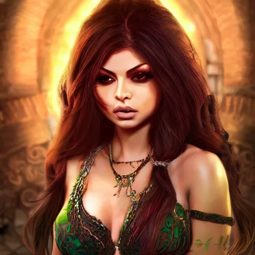 Prompt: portait sensual female haifa wehbe, centred, very long hair, hd, hyperdetailed illustration by irakli nadar, intricate linework, bright colors, octopath traveler, final fantasy, unreal engine 5 highly rendered, global illumination, radiant light