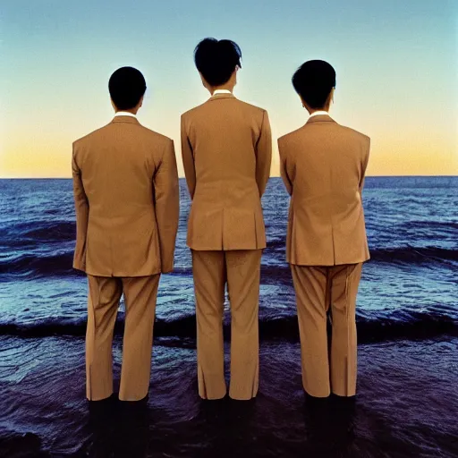 Prompt: three japanese men wearing beige suits and black pants standing in the ocean, sunset, night, wide shot, ((yellow magic orchestra)), ((tatsuro yamashita)), album cover, 1981, grammy award winning