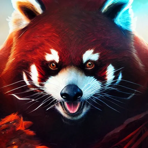 Image similar to red panda as diablo 3 character, digital illustration portrait design, by android jones and greg rutkowski, retrowave color scheme, detailed, cinematic lighting, wide angle action dynamic portrait