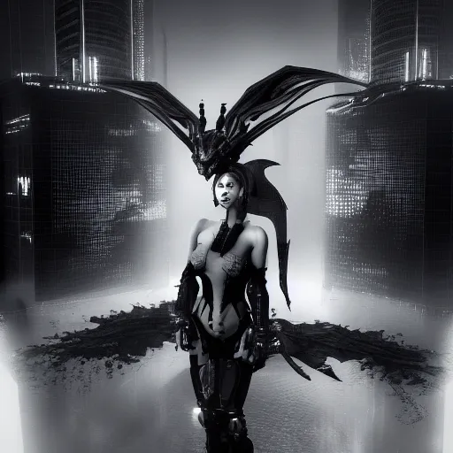 Image similar to a black and white portrait of a female cyberpunk dragon, scheleton, matte painting, trending artstation, octane render, 8 k