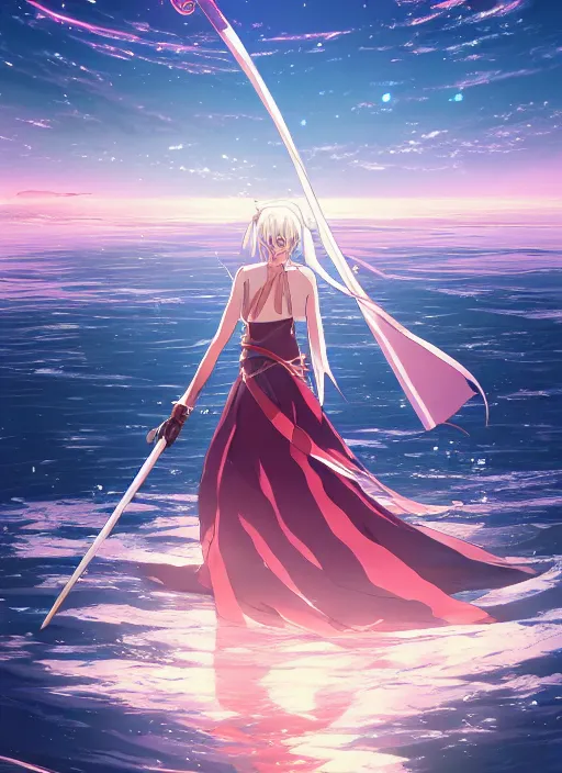 Image similar to a beautiful anime girl walking on water holding a beautiful katana, ripples, backdrop of dawn, giant planets in the background, anime illustration from genshin impact from demon slayer from jujutsu kaisen, concept art, anime, key visual, trending pixiv fanbox by wlop and greg rutkowski and makoto shinkai and studio ghibli