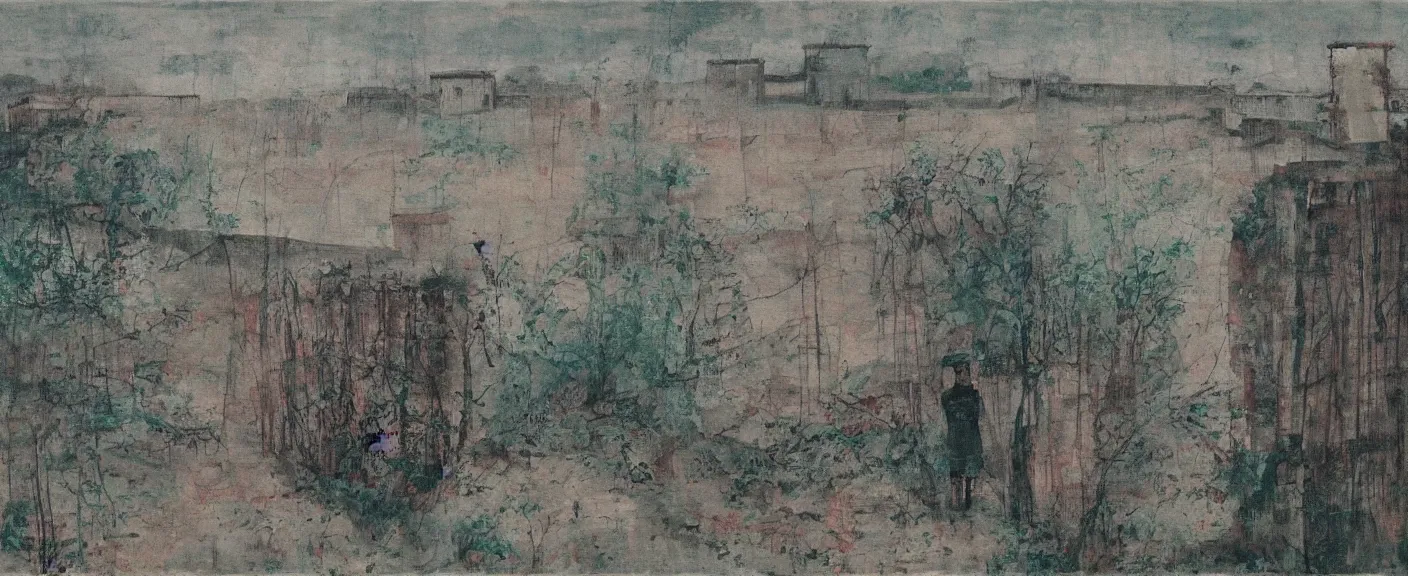 Image similar to a chinese prison near a river by peter doig, muted colors