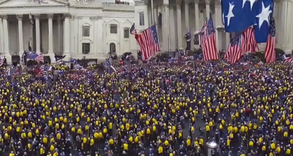 Image similar to GoPro footage of an army of patriotic Minions storming the Capitol