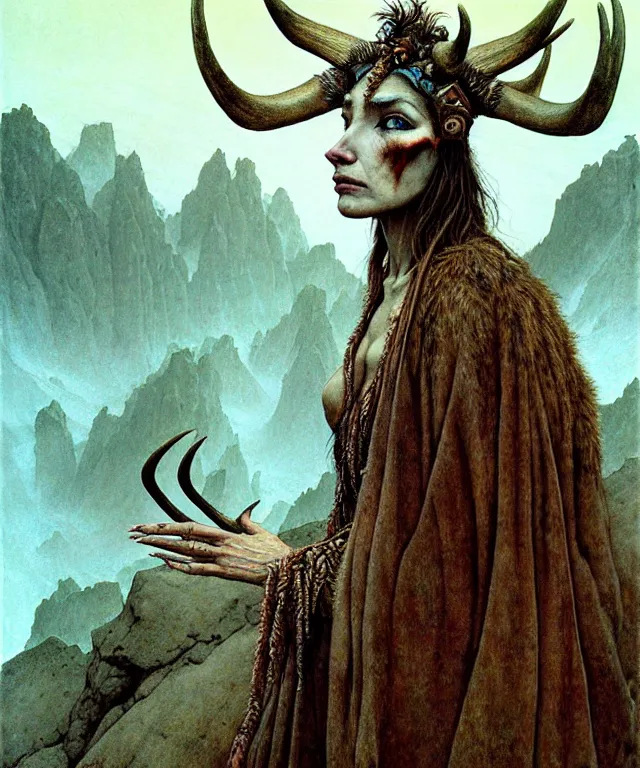 Prompt: A detailed horned antelopewoman stands among the mountains. Wearing a ripped mantle, robe, many rings. Extremely high details, realistic, fantasy art, solo, masterpiece, art by Zdzisław Beksiński, Arthur Rackham, Dariusz Zawadzki