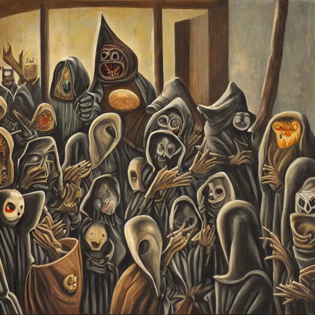 Prompt: several hooded disciples in purge masks, gathered in a brutalist courtyard, performing incantations over a fire in a barrel, by PJ Crook, oil on canvas