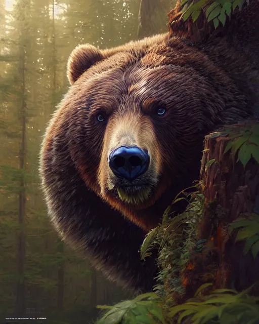 Image similar to highly detailed vfx portrait of a ferocious bear, stephen bliss, unreal engine, greg rutkowski, loish, rhads, beeple, makoto shinkai and lois van baarle, ilya kuvshinov, rossdraws, tom bagshaw, alphonse mucha, global illumination, detailed and intricate environment