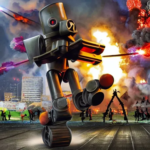 Prompt: giant toy soldier robot destroying a city explosion, panic, chaos