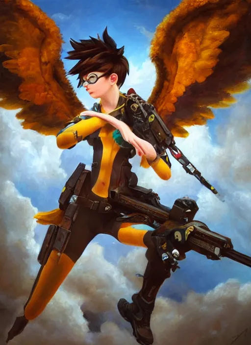 Prompt: oil painting of tracer overwatch in the style of sophie anderson, flying, angel wings,