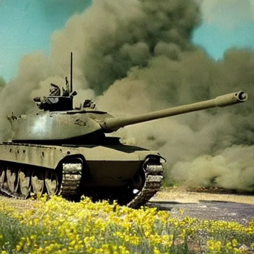 Prompt: “armoured tank shooting flowers world war 2 color restoration film vhs”