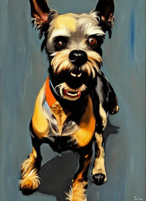 Image similar to tan!!! schnauzer! chihuahua! mix, enraged, painting by phil hale, 'action lines'!!!, graphic style, visible brushstrokes, motion blur, blurry