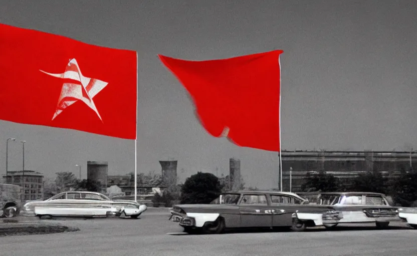 Prompt: 60s movie still of a giant stalinist style sovietic hall with a giant USSR flag, by Irving Penn , cinestill 800t 35mm eastmancolor, heavy grainy picture, very detailed, high quality, 4k, HD criterion, precise texture, panoramic, cinematic