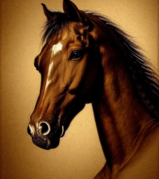 Image similar to portrait of a horse sitting upon a table with heightened detail, poised, intense emotion, detailed facial expression, detailed surroundings, intricate, elegant, highly detailed, centered, digital painting, artstation, concept art, smooth, sharp focus, illustration, by ( leonardo da vinci ), wlop