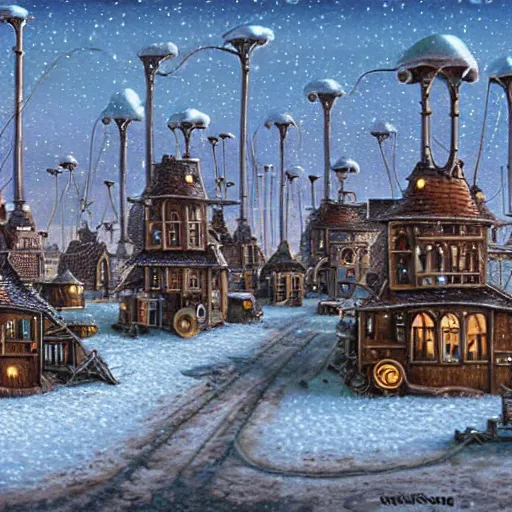 Image similar to a steampunk village on stilts in a snowy field , by Naoto Hattori,