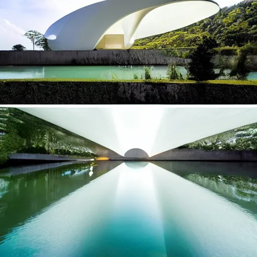 Image similar to a white art museum building with a fish shaped cell bubble structure on the surface of a beautiful lake. the interior is luminous. it was created by tadao ando and hiroshi shimajima