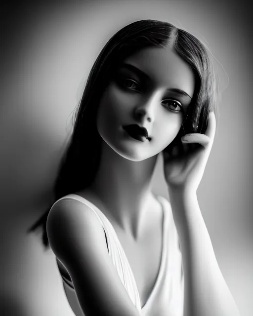 Image similar to black and white dreamy young beautiful female artificial intelligence, cinematic, rim light, photo - realistic, elegant, high detail, 8 k, masterpiece, photo taken in 1 9 3 0