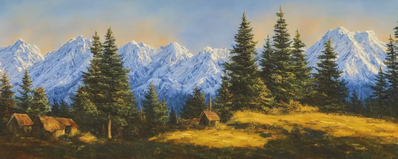 Image similar to landscape with a cabin in the woods, golden hour, snowcapped mountains in the distance with rolling hills covered in snow, evergreen trees painted by bob ross