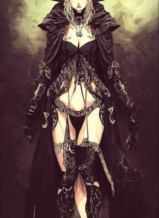 Image similar to beautiful human witch with blonde short curtly hair in intricate ornate witch robe, haughty evil look, witch hat. in style of yoji shinkawa and hyung - tae kim, trending on artstation, dark fantasy, great composition, concept art, highly detailed, dynamic pose.