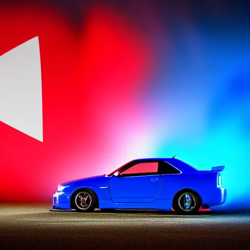 Image similar to electric blue R34 skyline with Canadian flag in the background, photography, 4k, volumetric lighting, glowing fog