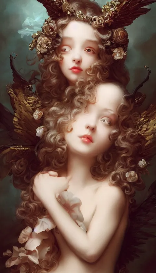 Image similar to pop surrealism, rococo, baroque hair, angelic young female seductive - fine - face, pretty face, key visual, realistic shaded perfect face, fine details by stanley artgerm lau, wlop, mark ryden, andrei riabovitchev, marc simonetti, and sakimichan, trending on artstation
