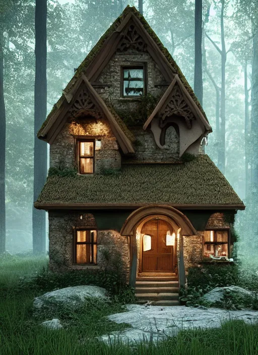 Image similar to hyper realistic homely ornate witch cottage architectural, in the woods gorgeous lighting, blue sky, highly detailed, lush forest architectural render, octane render, ue 5 raytraced